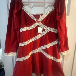 Free People Red Dress with White Lace Detail
